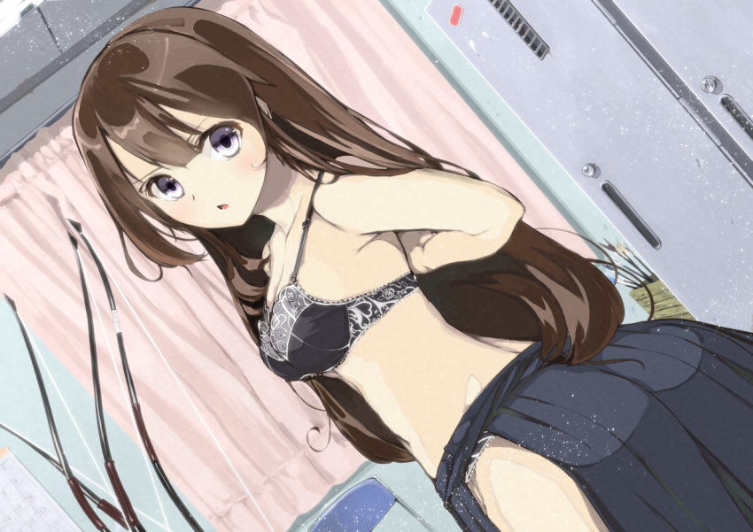 1girl, black_hair, bra, curtains, goiro_(doukutsuwa), hakama, japanese_clothes, locker_room