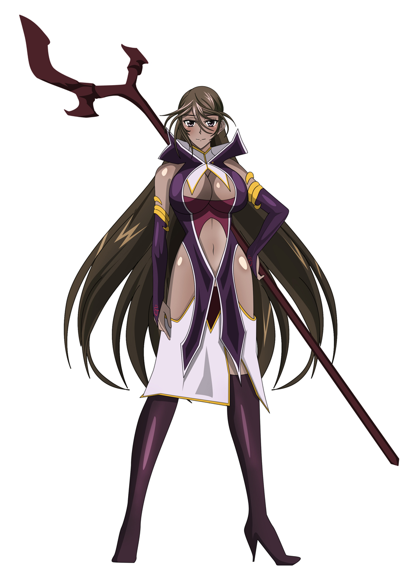 1girl, bare_shoulders, blush, boots, breasts, brown_hair, cleavage, dark_skin, detached_sleeves, glasses, glasses_removed, grey_eyes, high_collar, high_heels, high_school_dxd, katerea_leviathan, long_hair, looking_at_viewer, midriff, navel, revealing_clothes, smile, staff, thigh-highs, thigh_boots, very_long_hair, white_background, yxyyxy
