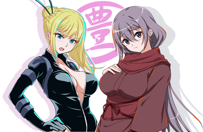 2girls, blonde_hair, blue_eyes, blush, bodysuit, breasts, cleavage, dragon_yukano