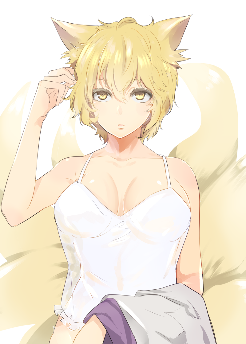 1girl, amua, animal_ears, blonde_hair, breasts, collarbone, fox_ears, fox_tail