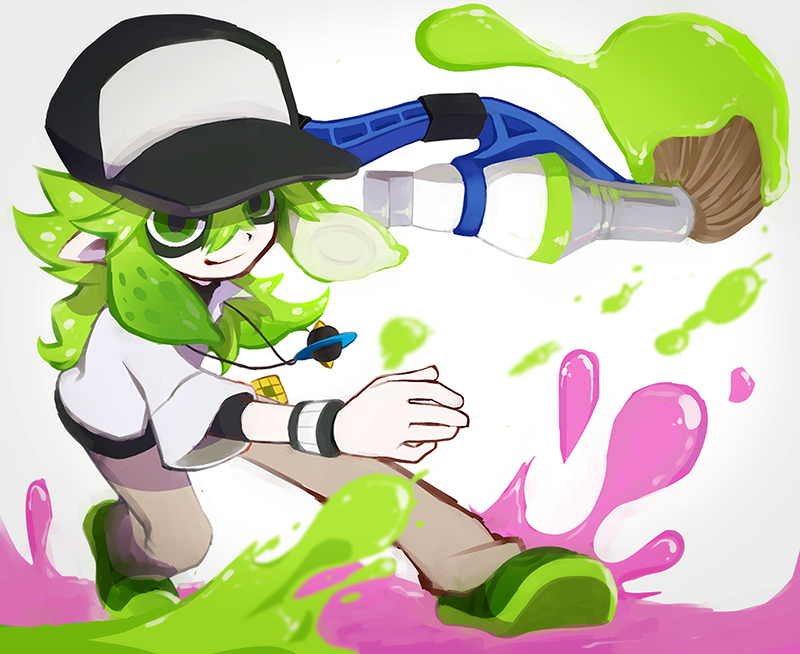 1boy, arm_warmers, baseball_cap, green_eyes, green_hair, hat, jewelry, long_hair, n_(pokemon), nagiru, necklace, nintendo, paintbrush, pants, pointy_ears, pokemon, pokemon_(game), pokemon_bw, shirt, simple_background, smile, solo, splatoon, tentacle_hair, white_shirt, wristband