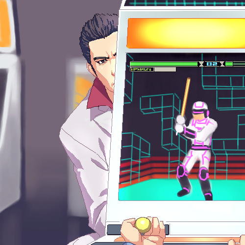arcade_cabinet, formal, joystick, kiryu_kazuma, kiryuu_kazuma, lowres, peeking, ryu_ga_gotoku