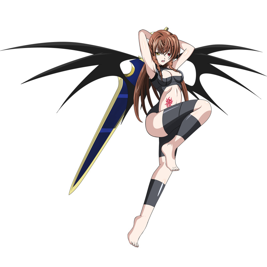 1girl, armpits, brown_hair, demon_wings, heterochromia, high_school_dxd, highres, kiryuu_aika