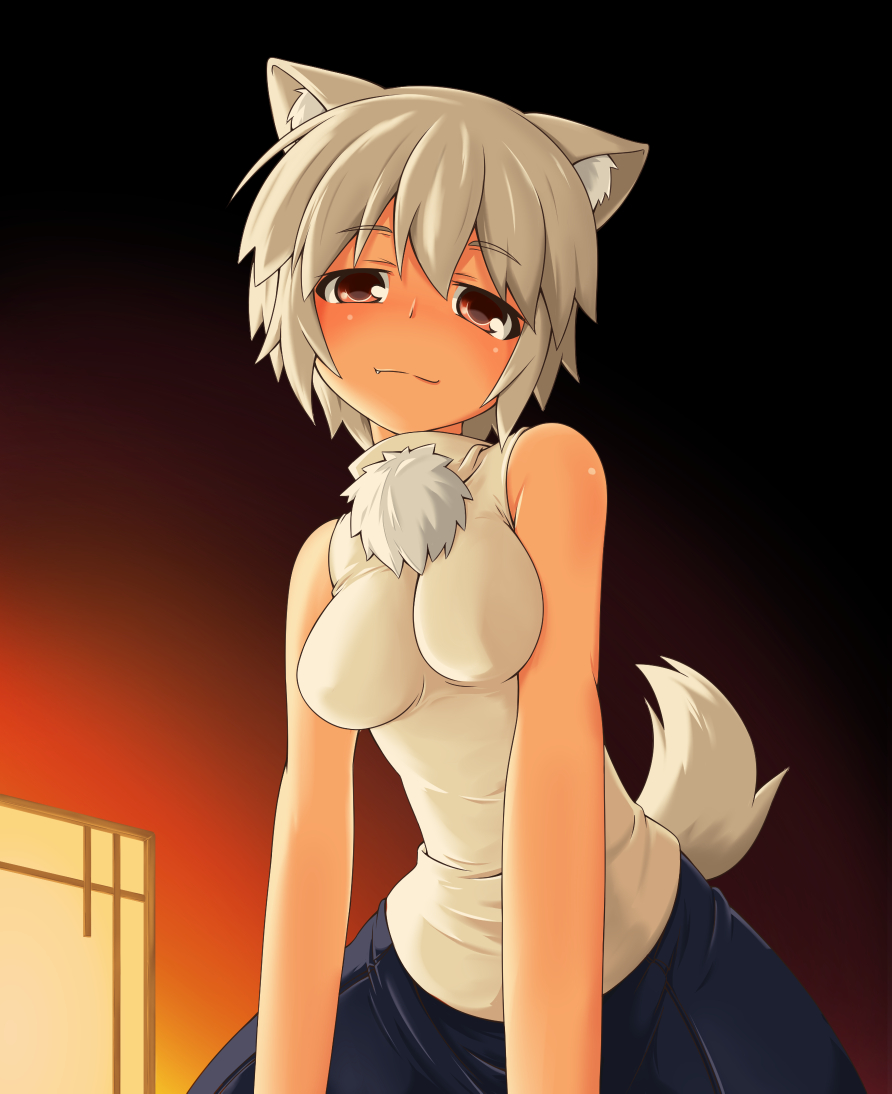 1girl, :3, animal_ears, bare_arms, bare_shoulders, blush, breasts, fang, fang_out, head_tilt, hitotsubashi_inari, inubashiri_momiji, looking_at_viewer, pom_pom_(clothes), red_eyes, shirt, short_hair, silver_hair, skirt, sleeveless, sleeveless_shirt, smile, solo, tail, touhou, turtleneck, wolf_ears, wolf_tail