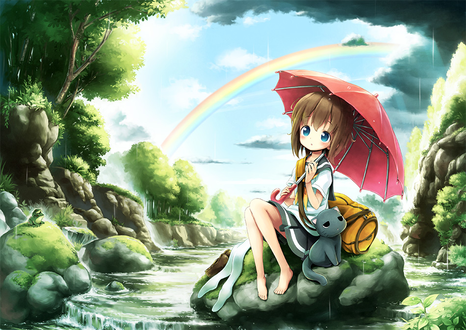 1girl, aikei_ake, bag, barefoot, blue_eyes, brown_hair, cat, original