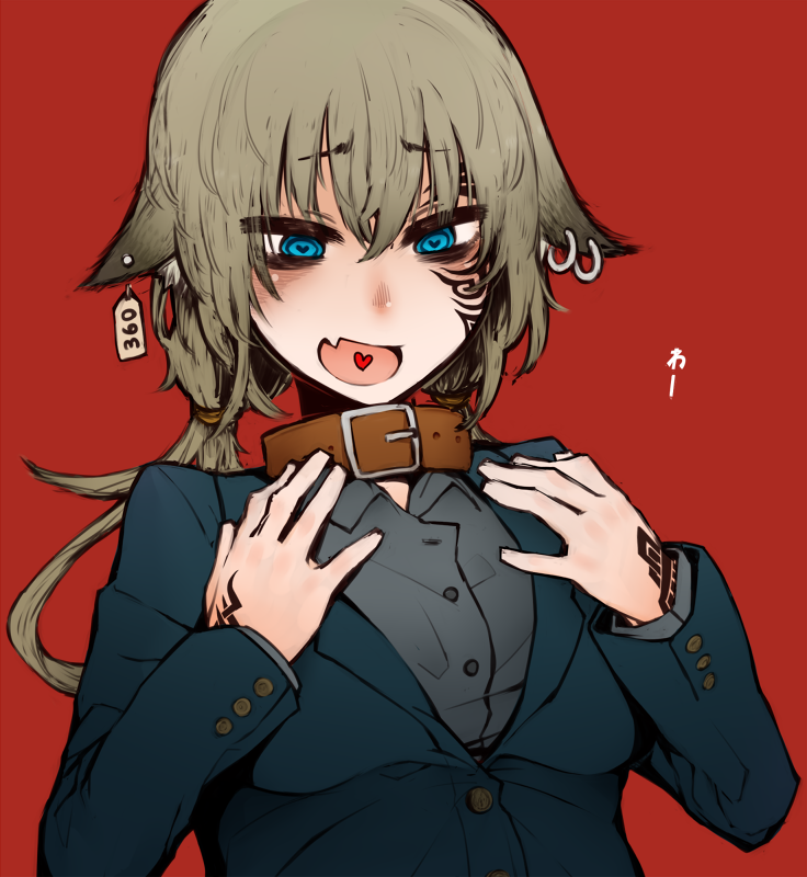 1girl, animal_ears, blue_eyes, collar, cow_ears, ear_tag, earrings, heart