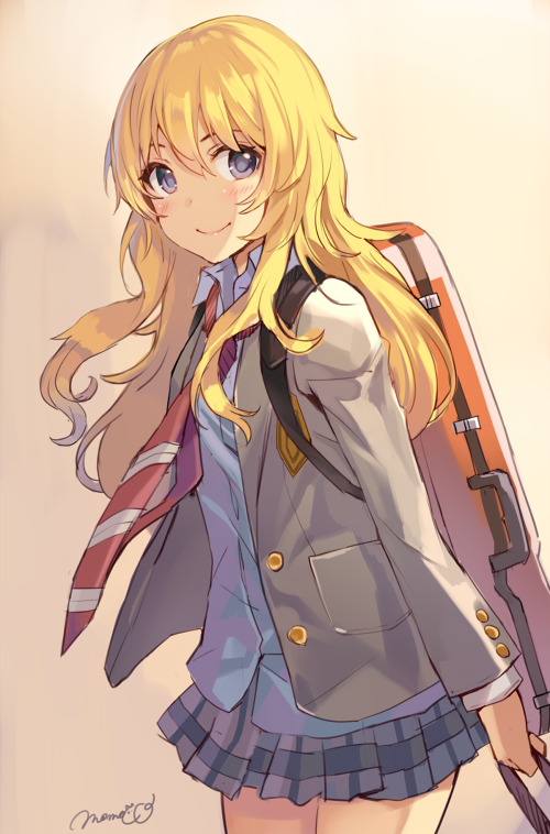 1girl, blonde_hair, blue_eyes, blush, cowboy_shot, long_hair, looking_at_viewer, miyazono_kawori, momoko_(momopoco), necktie, plaid, plaid_skirt, school_uniform, shigatsu_wa_kimi_no_uso, signature, skirt, smile, solo, violin_case
