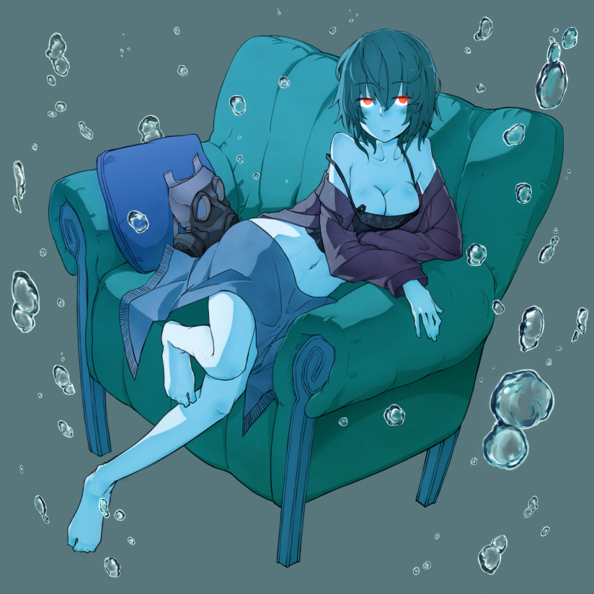 1girl, armchair, bare_shoulders, blanket, blue_hair, blue_skin, bottomless, breasts