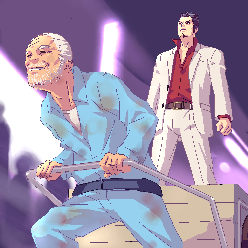 belt, cart, formal, kiryu_kazuma, kiryuu_kazuma, lowres, multiple_boys, old_man