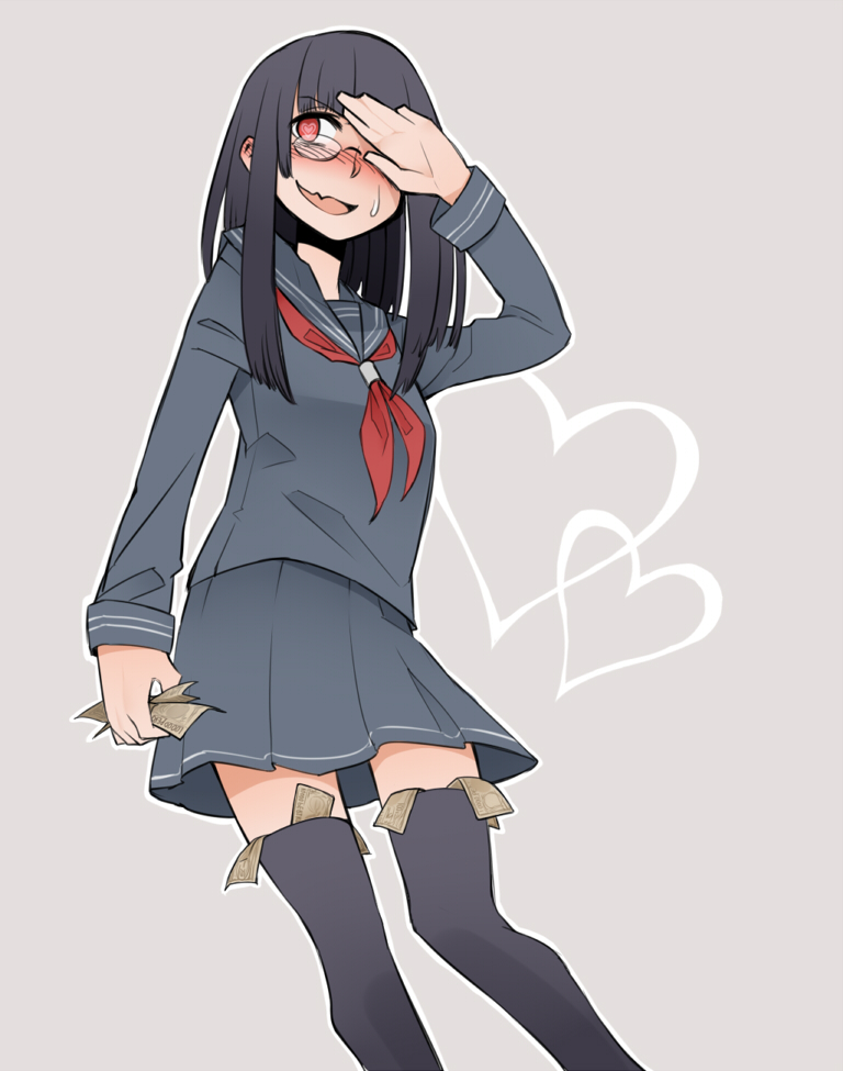 1girl, black_hair, blush, covering_face, full-face_blush, glasses, heart, heart-shaped_pupils