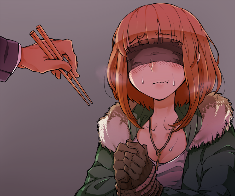 1boy, 1girl, blindfold, blush, chewing, chopsticks, eating, feeding