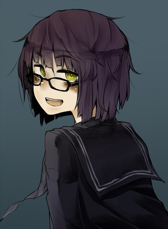 1girl, black_hair, glasses, looking_at_viewer, looking_back, ninjunker, open_mouth, original