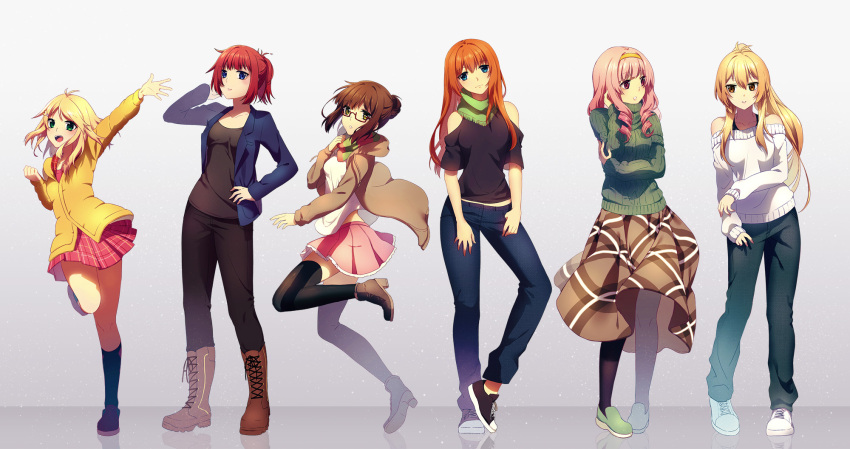 6+girls, akiyama_aya, arm_up, black_legwear, blonde_hair, blue_eyes, blush, boots, breasts, brown_eyes, brown_hair, denim, drill_hair, full_body, glasses, green_eyes, grey_background, hairband, highres, jeans, kajihara_yukino, kanahito_hitomi, kanzaki_senri, kusakabe_shion, long_hair, looking_at_viewer, multiple_girls, nasunaga_setsuna, orange_hair, pants, parted_lips, pink_hair, plaid, plaid_skirt, ponytail, red_eyes, redhead, rosuuri, scarf, semi-rimless_glasses, short_hair, skirt, standing, standing_on_one_leg, sweater, the_human_reignition_project, thigh-highs, under-rim_glasses