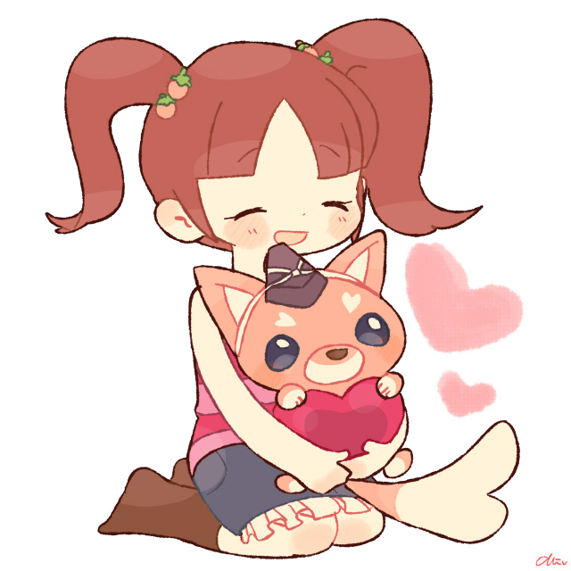 blush, brown_hair, character_request, chiyoko_(oman1229), closed_eyes, hair_ornament, hat, heart, kyuntarou, open_mouth, simple_background, sitting, twintails, white_background, youkai, youkai_watch