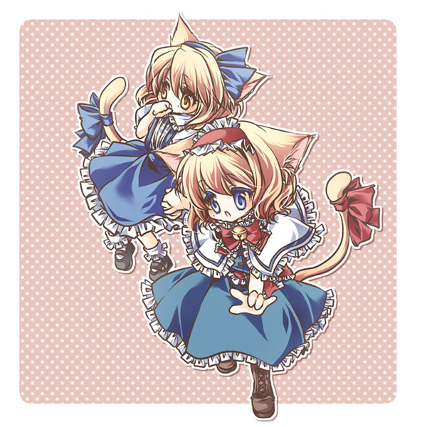 alice_margatroid, alice_margatroid_(pc-98), animal_ears, blonde_hair, blue_eyes, cat_ears, cat_tail, chokobanira, hairband, multiple_girls, ribbon, short_hair, tail, time_paradox, touhou, touhou_(pc-98)