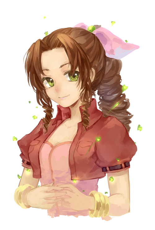 1girl, aerith_gainsborough, bow, bracelet, brown_hair, cat_princess, cropped_jacket, final_fantasy