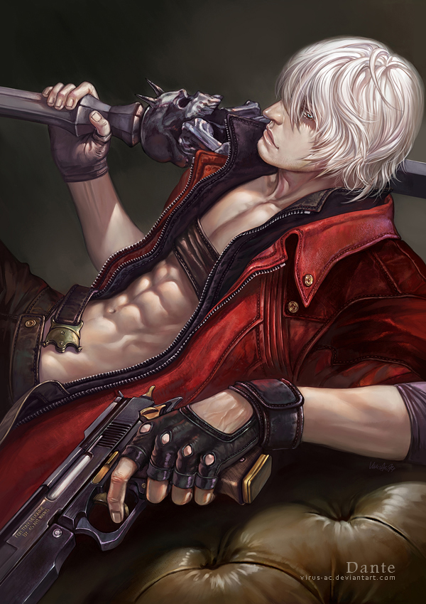 1boy, abs, blue_eyes, character_name, coat, dante_(devil_may_cry), devil_may_cry, devil_may_cry_(series)