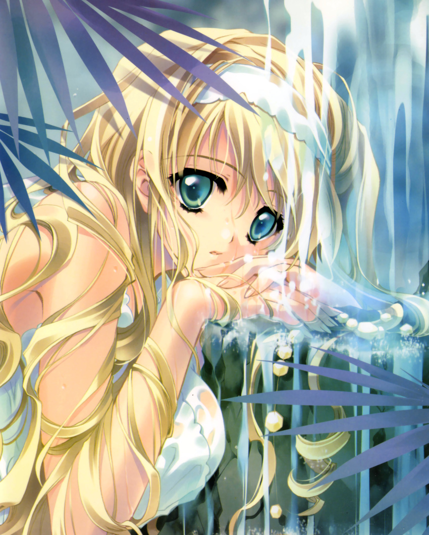 1girl, absurdres, blonde_hair, breasts, green_eyes, hairband, highres, leaf, looking_at_viewer, mimizuku_auru, original, solo, water, wet, wet_clothes