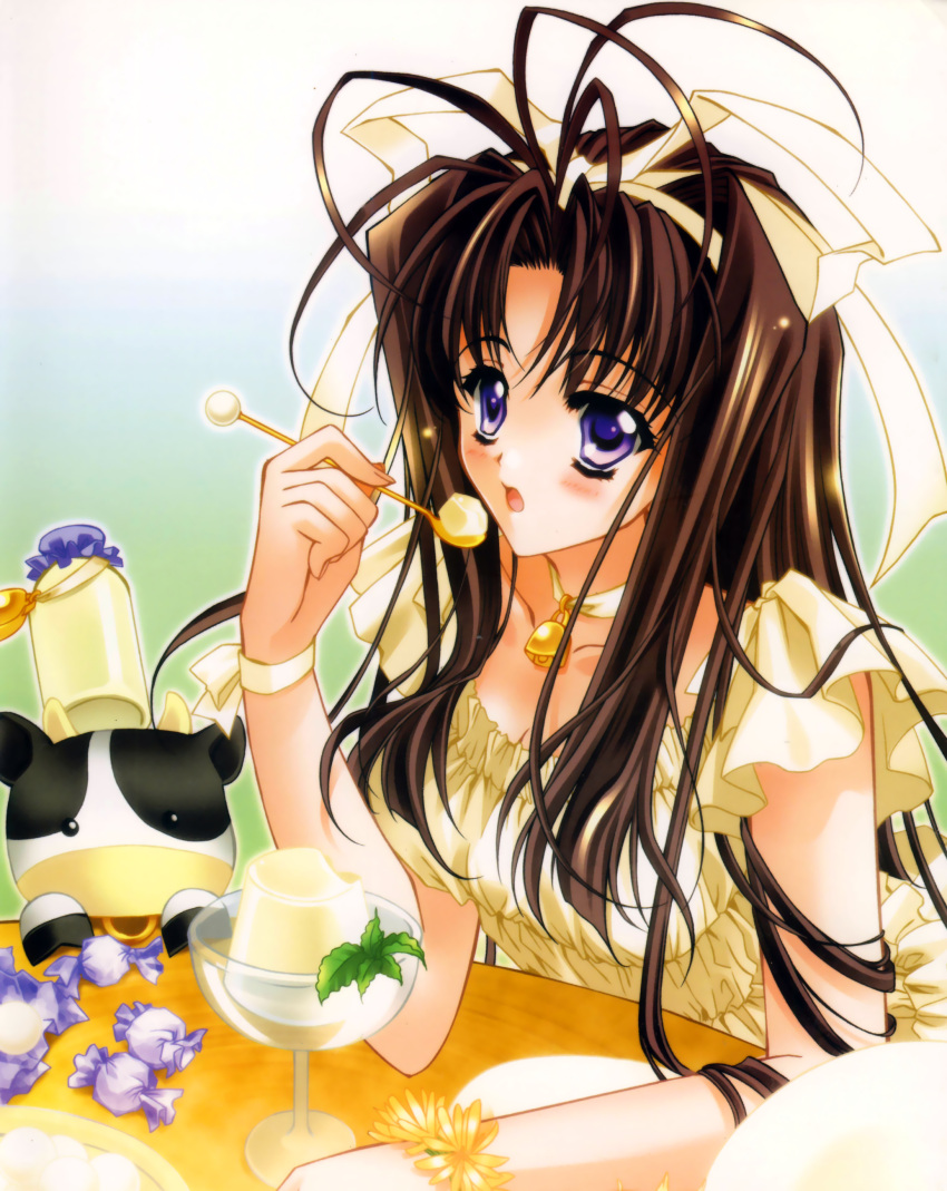 1girl, absurdres, bell, blush, bow, bracelet, brown_hair, candy