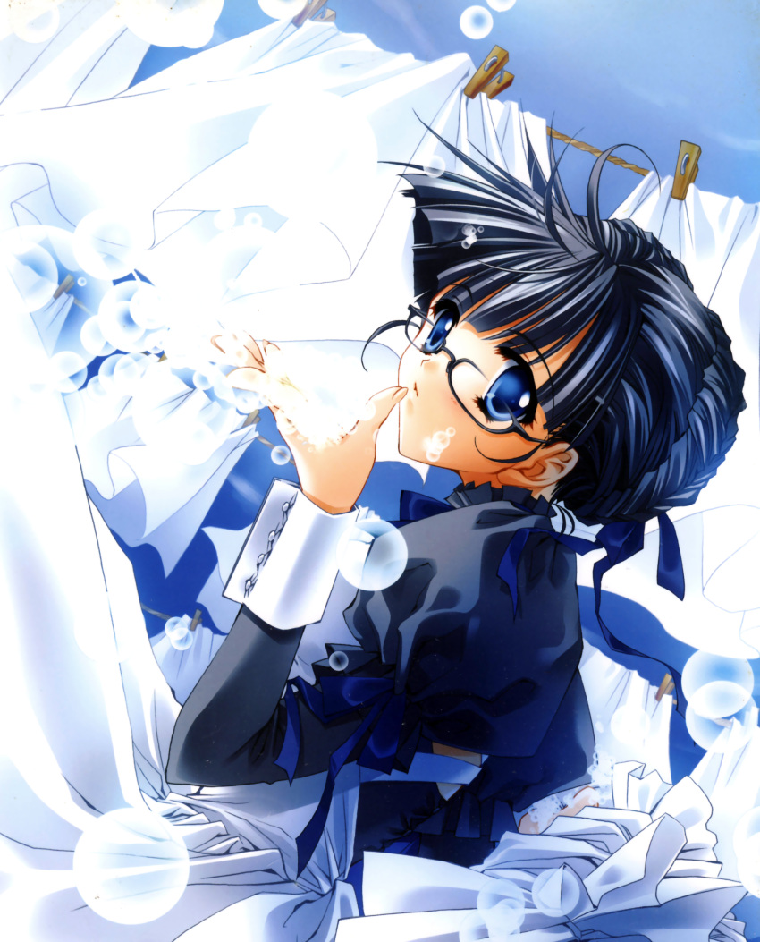 absurdres, apron, bed_sheet, black_hair, blue_eyes, bubble, clothes_pin, clothesline