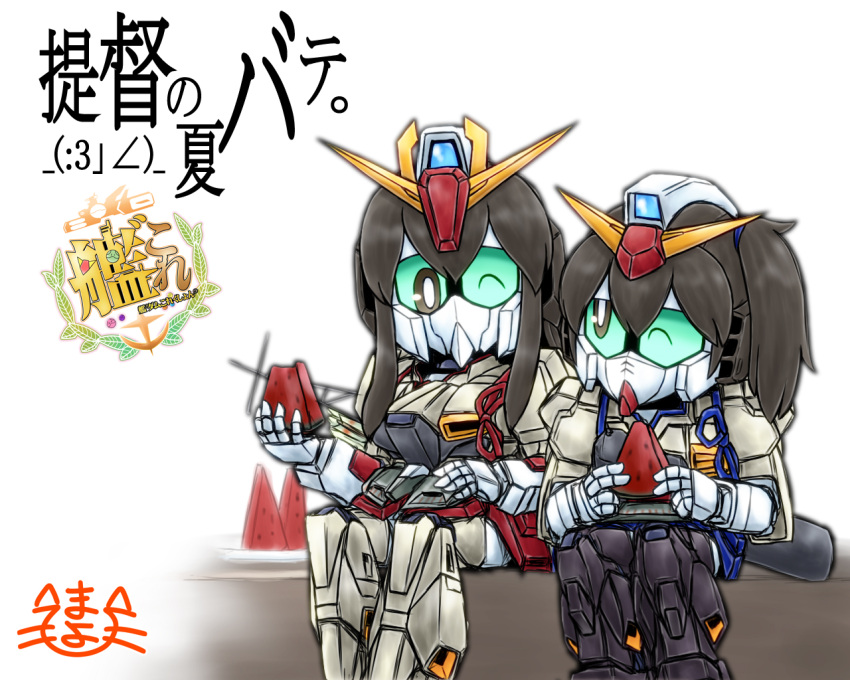 2girls, akagi_(kantai_collection), brown_hair, crossover, food, fruit, gundam, kaga_(kantai_collection)