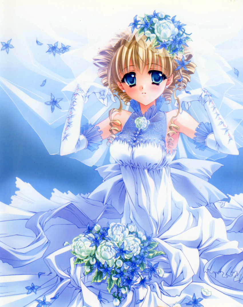 1girl, absurdres, blonde_hair, blue_eyes, blush, bouquet, dress, drill_hair