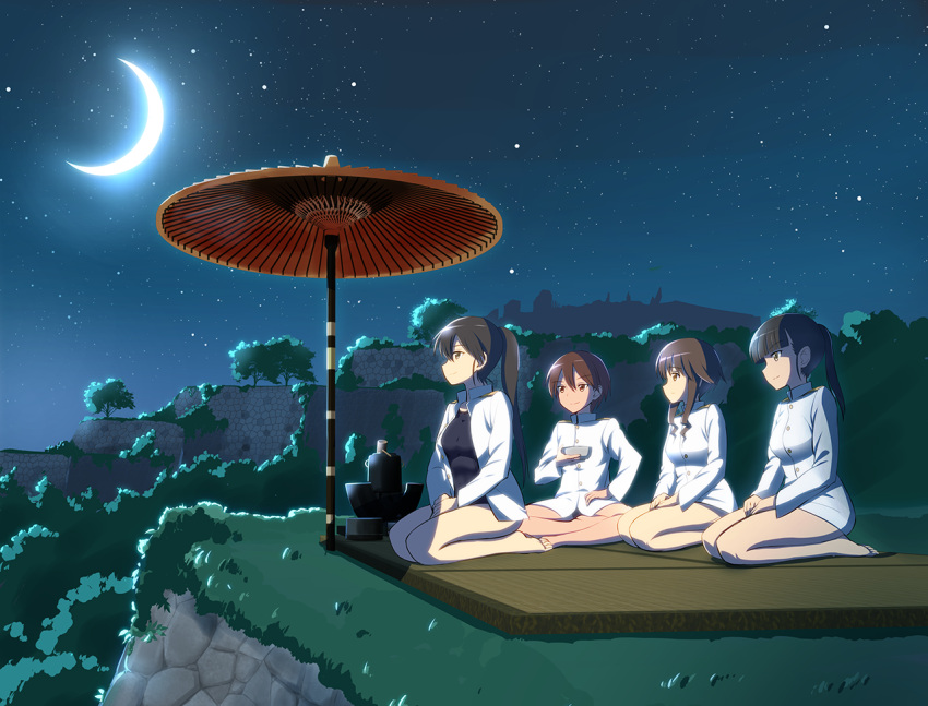 4girls, barefoot, black_hair, bowl, brown_eyes, brown_hair, crescent_moon, crossed_legs
