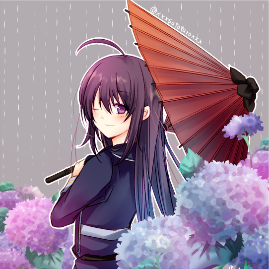1boy, ahoge, black_hair, flower, hair_down, hydrangea, kuro_(pixiv213382), looking_back