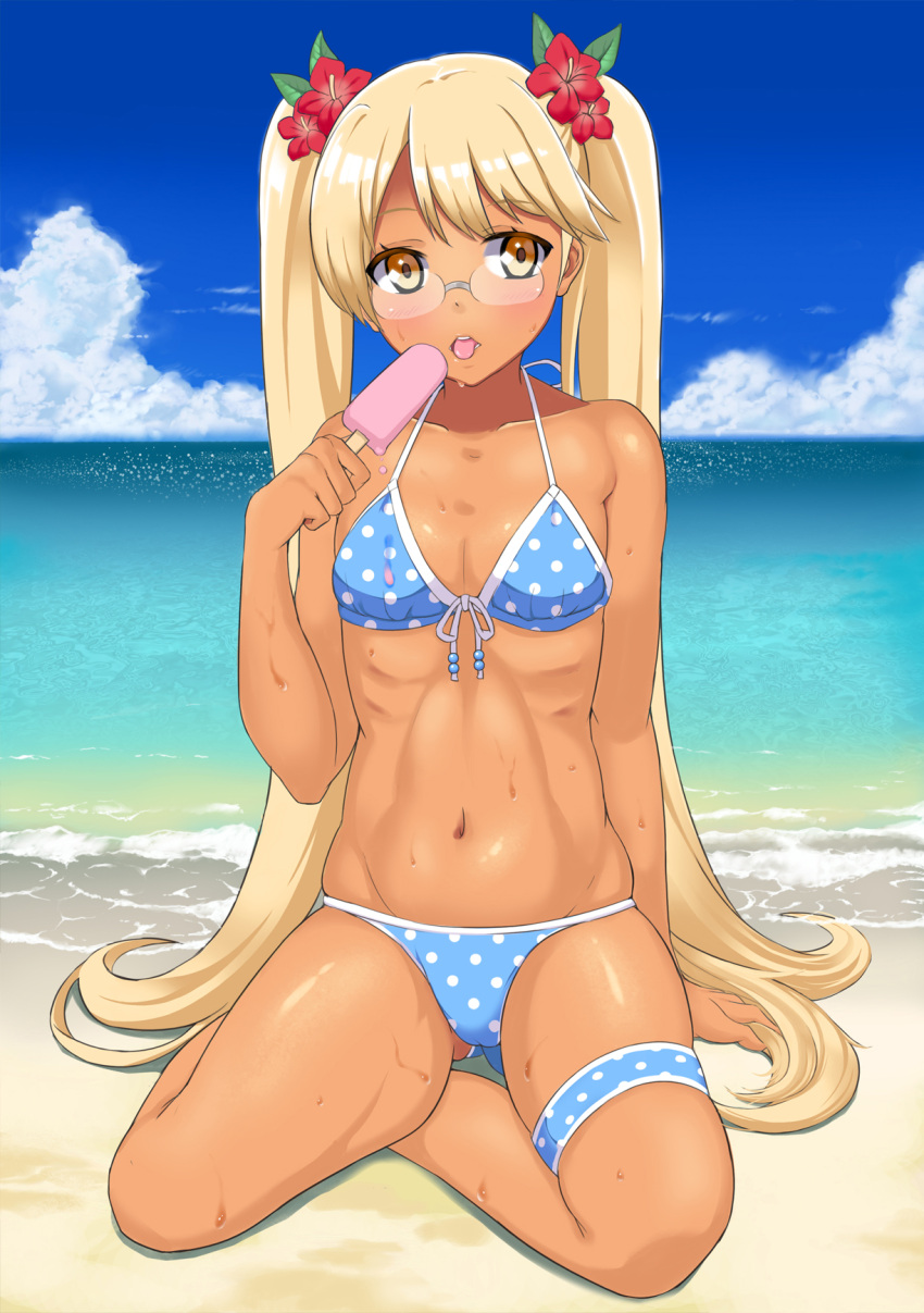 1girl, beach, bikini, blonde_hair, brown_eyes, glasses, hal_2001lop91, highres