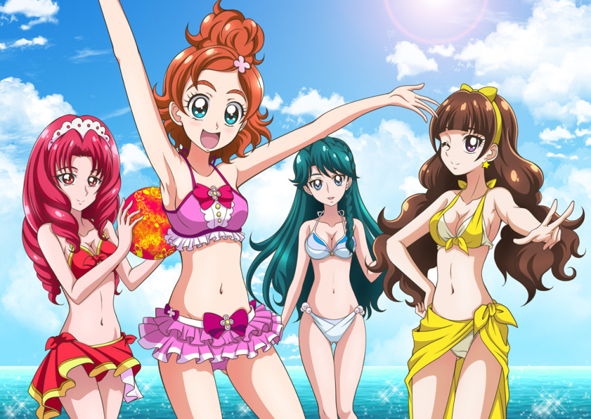4girls, akagi_towa, amanogawa_kirara, ball, beachball, bikini, blue_eyes, blue_hair