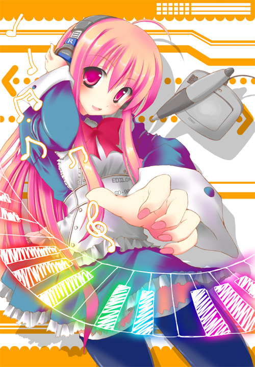 cosmo_(bousoup), maid, musical_note, nail_polish, original, piano_keys, pink_eyes, pink_hair