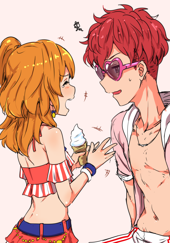 1boy, 1girl, aikatsu!, blush, brown_hair, clearite, food, heart-shaped_sunglasses