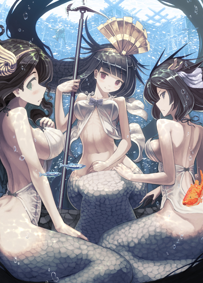 3girls, aqua_eyes, bangs, black_eyes, black_hair, blunt_bangs, breasts, fish