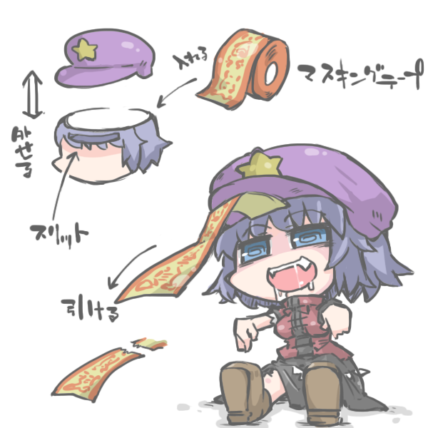 1girl, @_@, beret, black_hair, blue_eyes, commentary_request, drooling, hat