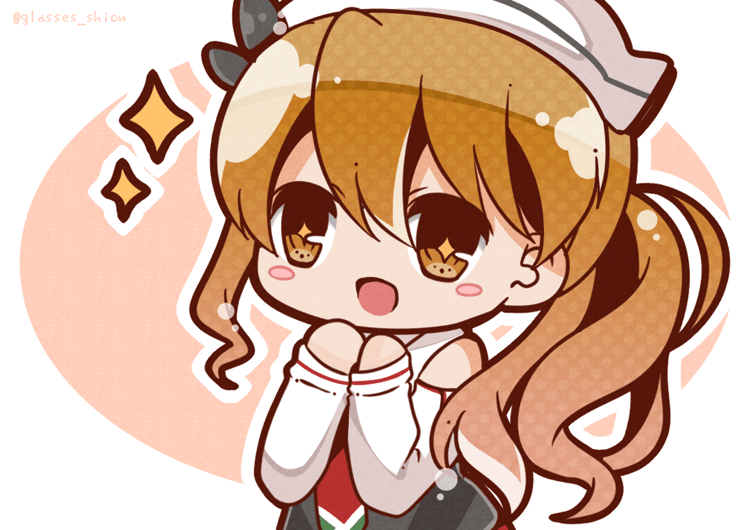 1girl, :d, artist_name, bare_shoulders, bloom2425, brown_eyes, brown_hair, chibi