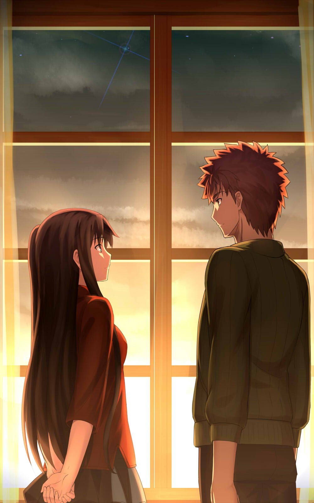 1boy, 1girl, black_hair, blue_eyes, brown_hair, emiya_shirou, fate/stay_night, fate_(series)