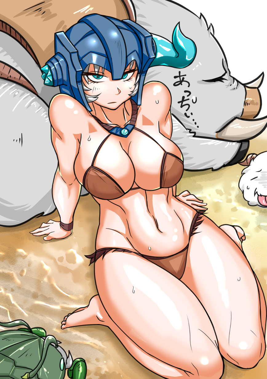 1girl, bare_shoulders, barefoot, blue_eyes, breasts, bristle, broken_horn, brown_bikini