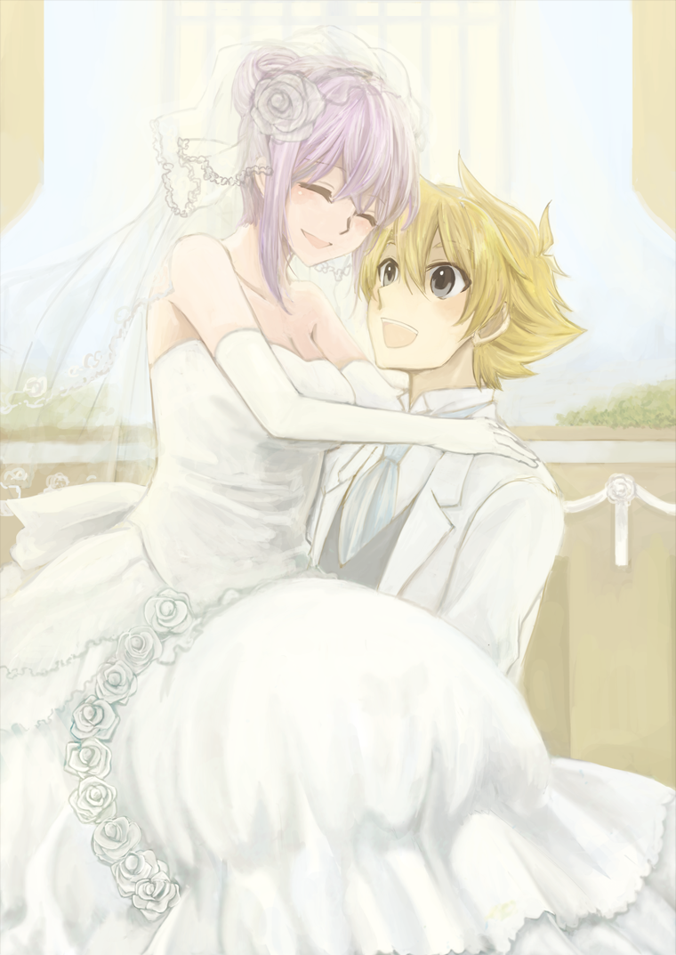 1boy, 1girl, 3gou, blonde_hair, cardfight!!_vanguard, carrying, couple, dress, elbow_gloves, gloves, hetero, long_hair, miwa_taishi, princess_carry, purple_hair, short_hair, smile, tokura_misaki, wedding_dress