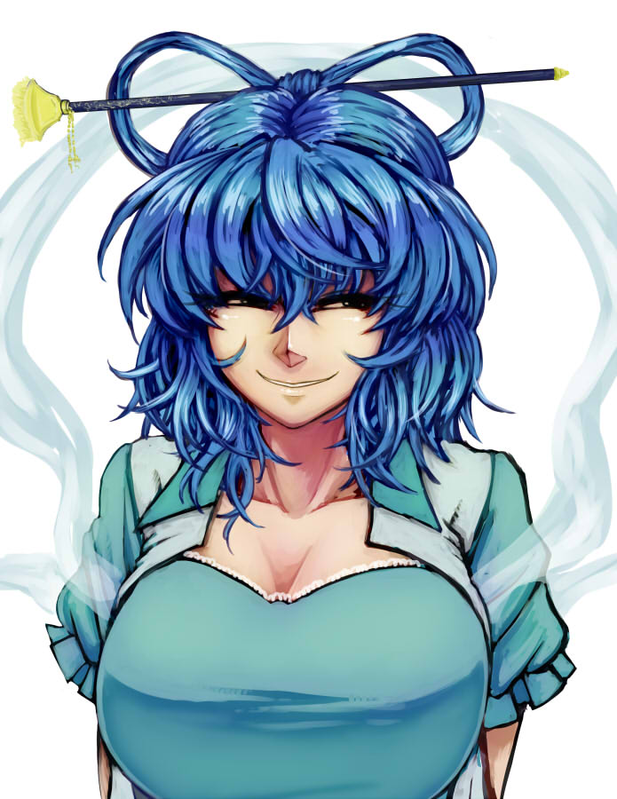 1girl, blue_hair, breasts, cleavage, hair_ornament, hair_rings, hair_stick, kaku_seiga