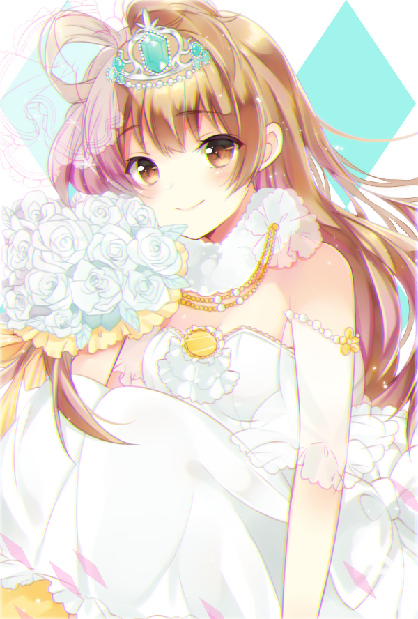 1girl, blush, bouquet, breasts, brown_eyes, brown_hair, cleavage, dress, flower, liechi, long_hair, looking_at_viewer, love_live!_school_idol_project, minami_kotori, rose, side_ponytail, smile, solo, tiara, wedding_dress, white_rose