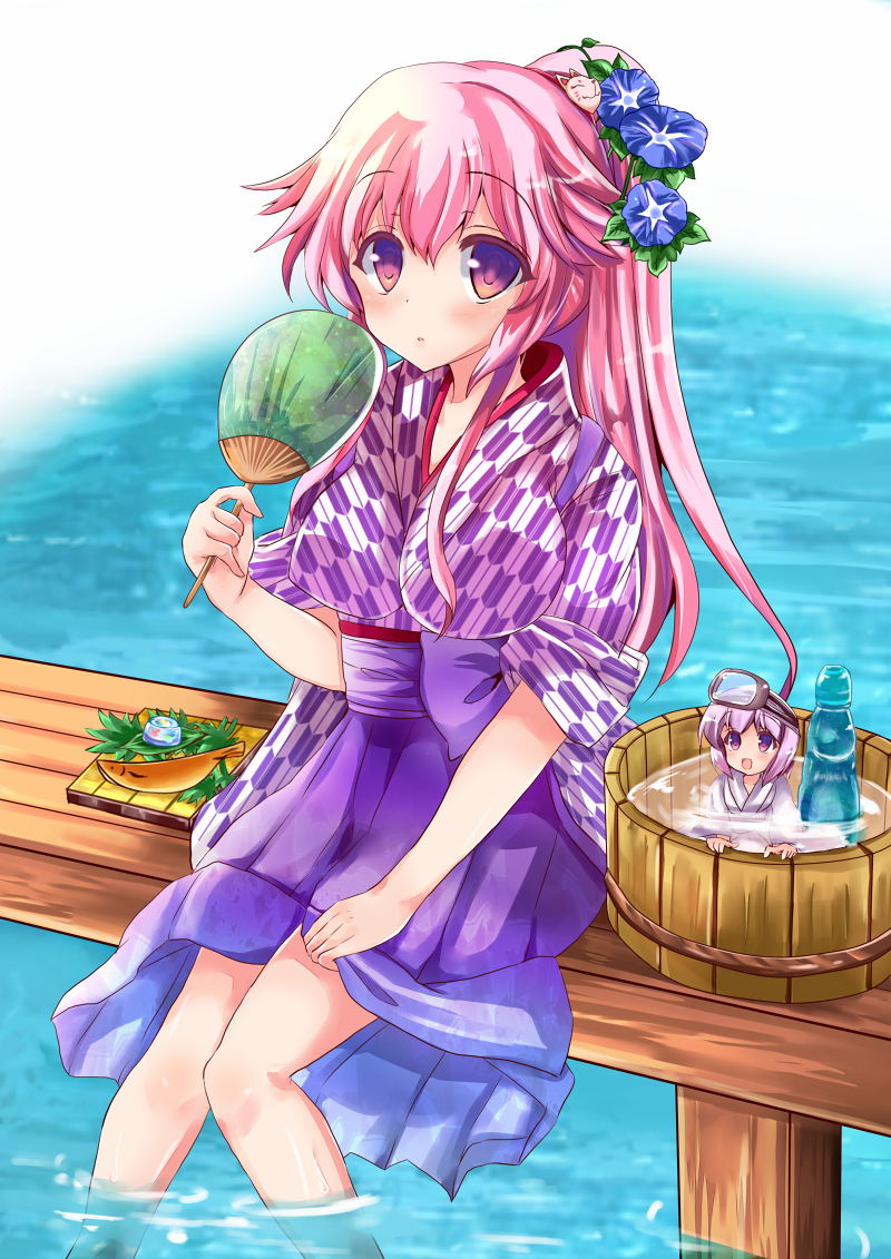 2girls, :d, alternate_costume, alternate_hairstyle, bangs, bathing, breasts, diving_mask