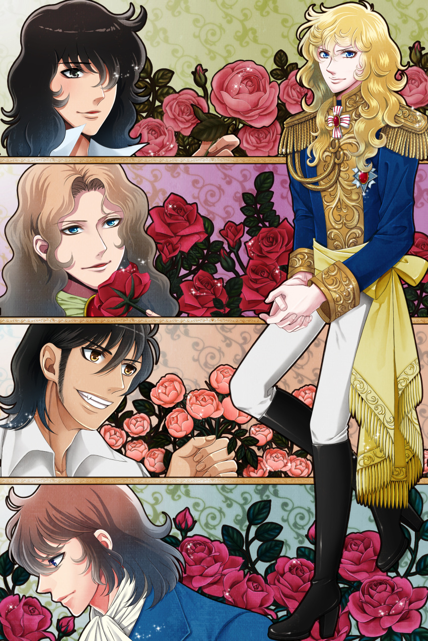 1girl, 4boys, absurdres, alain_de_soissons, andre_grandier, black_hair, blonde_hair, blue_eyes
