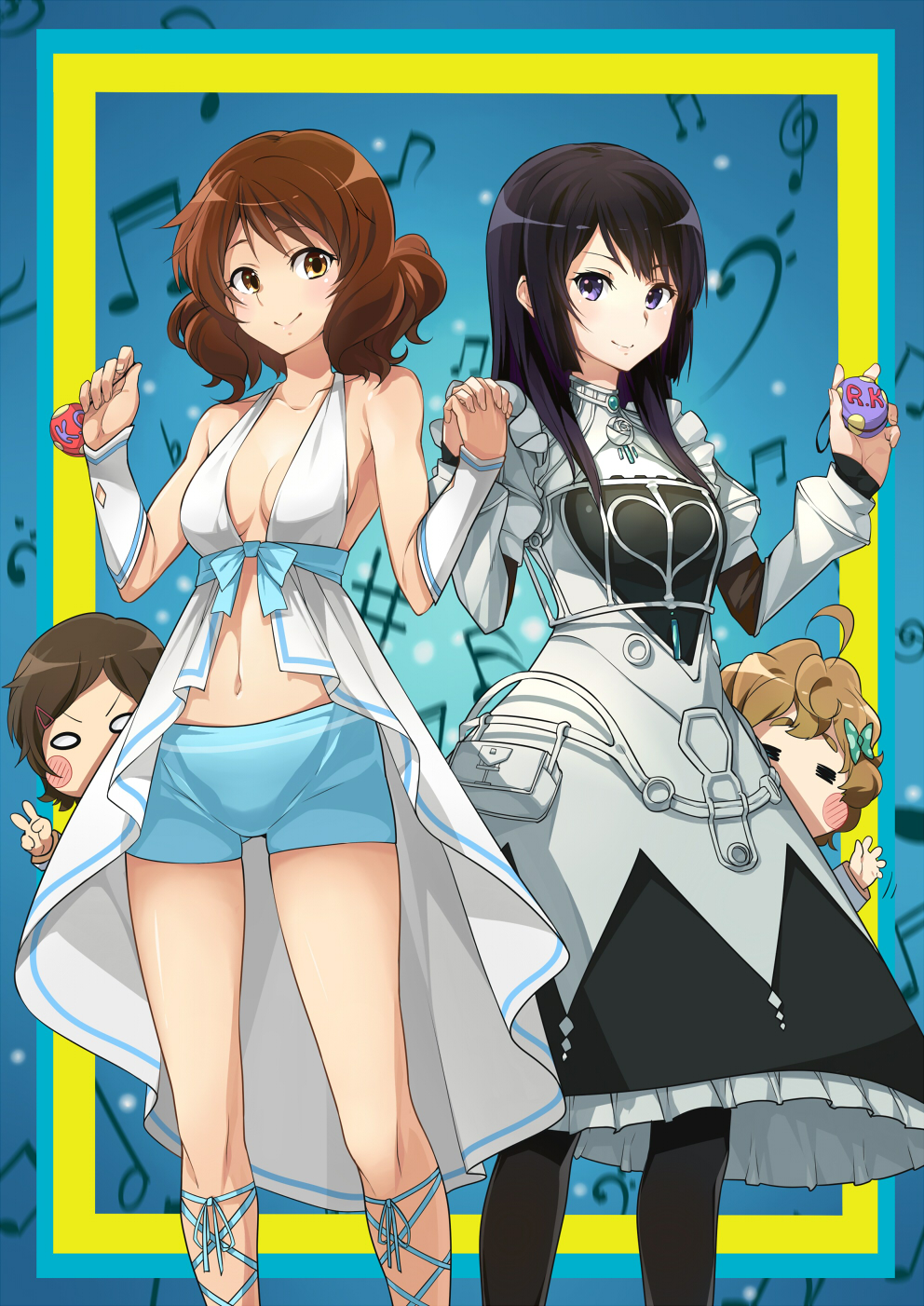 4girls, =_=, ahoge, amagi_brilliant_park, anzai_chika, bare_shoulders, bass_clef, black_hair