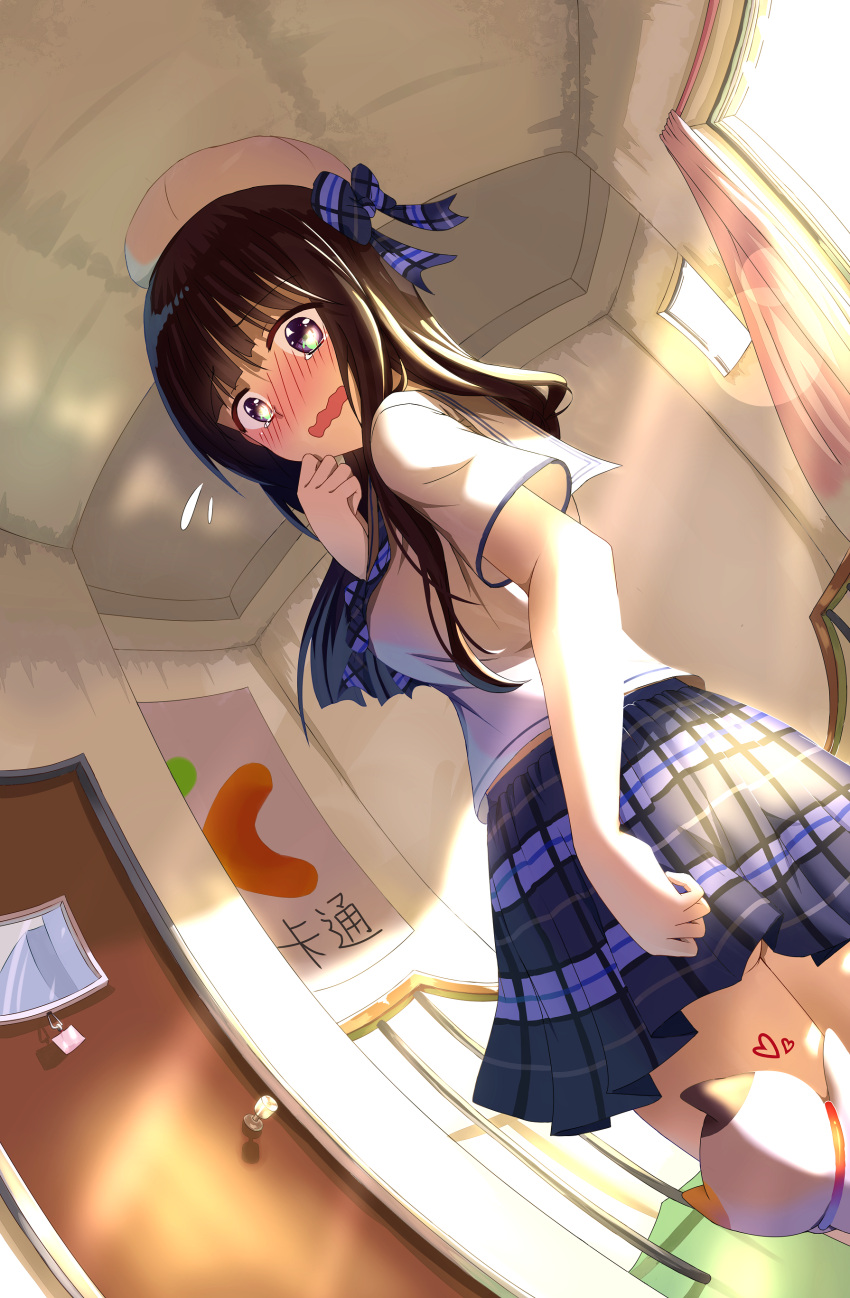 1girl, absurdres, blush, brown_hair, cat, flying_sweatdrops, hair_ribbon, highres