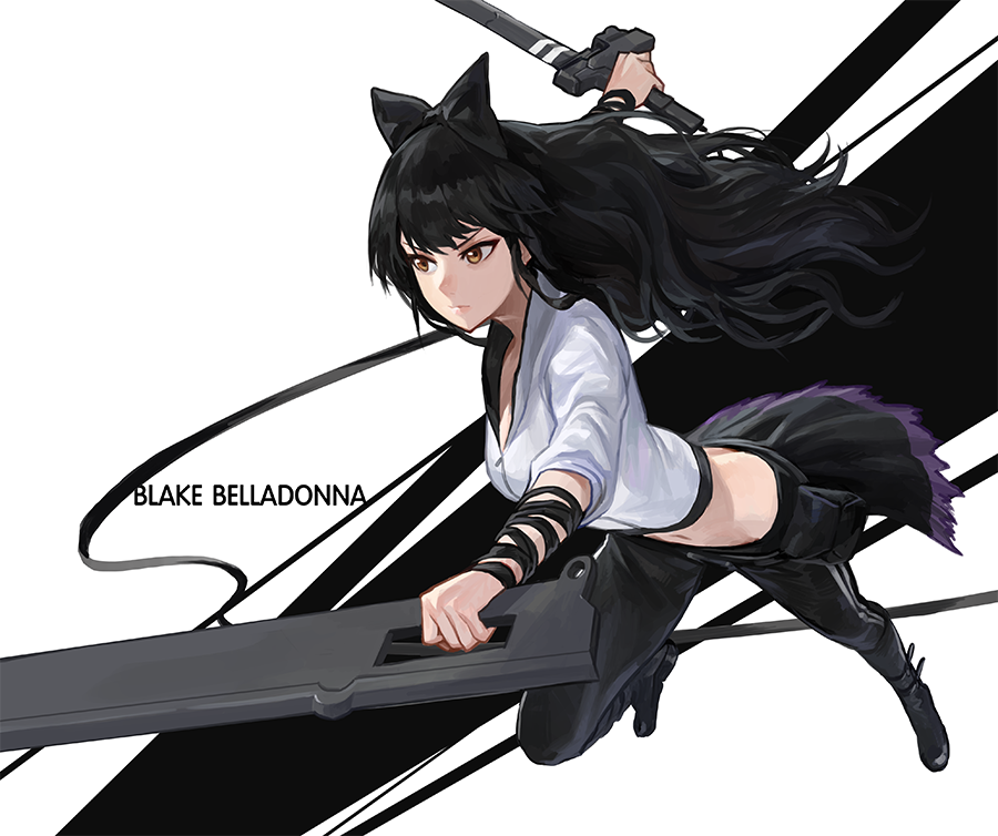 1girl, arm_ribbon, black_hair, black_pants, blake_belladonna, bow, character_name, cleaver