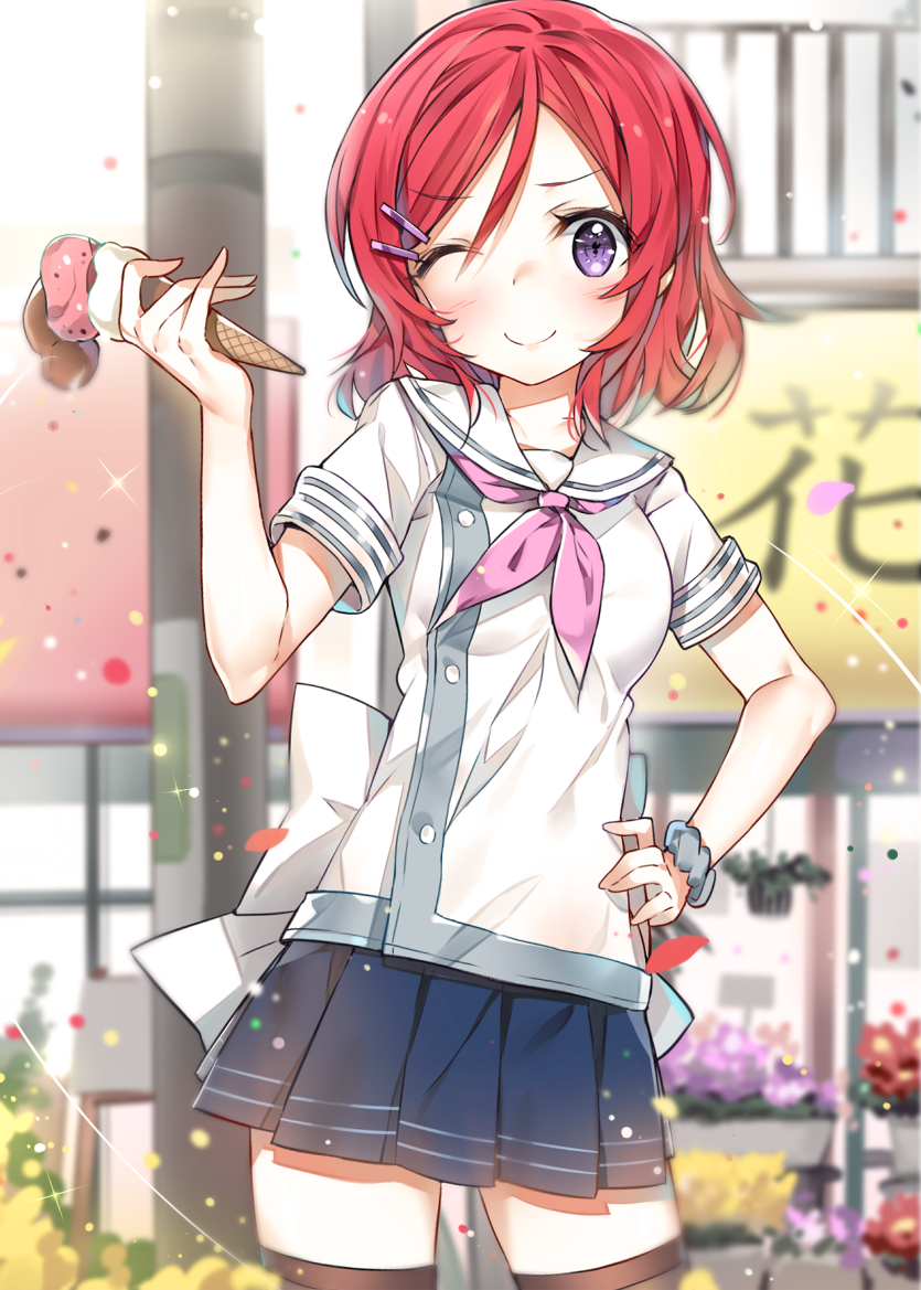 1girl, cozyquilt, food, hair_ornament, hairclip, ice_cream, ice_cream_cone, ice_cream_cone_spill