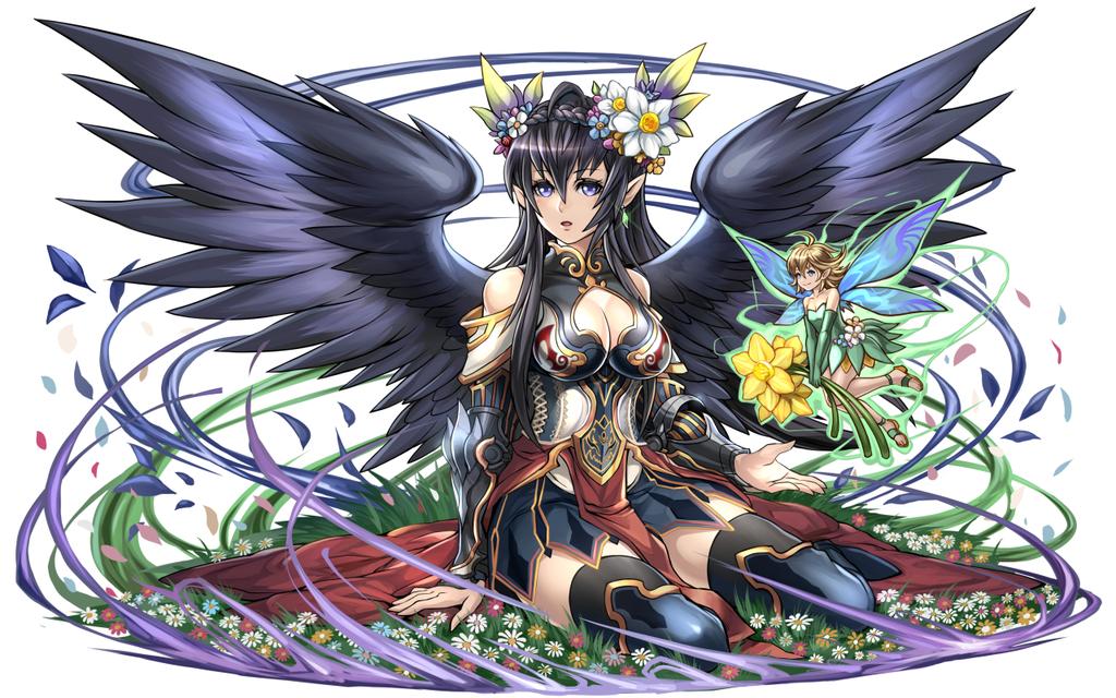 1girl, ahoge, bare_shoulders, black_hair, blacklimes, blue_eyes, braid, breasts, cleavage, earrings, elbow_gloves, fairy, flower, gloves, hair_flower, hair_ornament, jewelry, long_hair, official_art, open_mouth, persephone_(p&amp;d), pointing, puzzle_&amp;_dragons, single_braid, sitting, solo, thigh-highs, wings