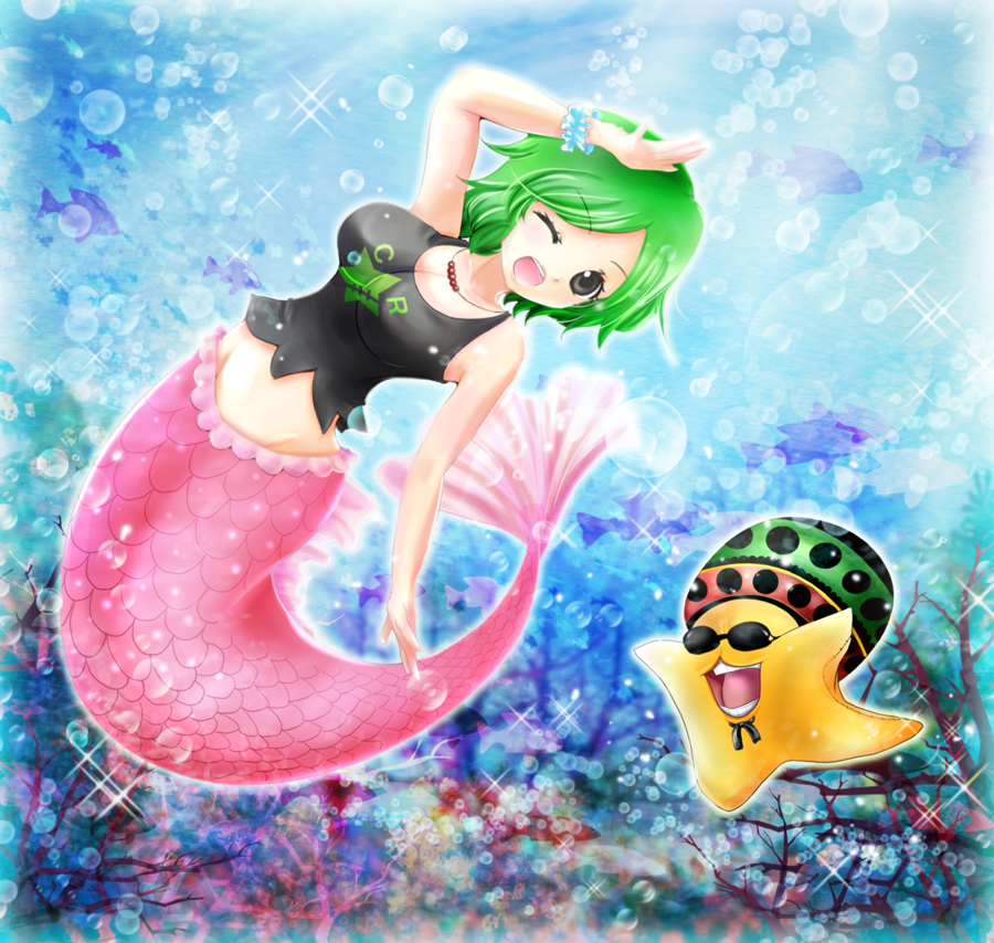 1girl, air_bubble, breasts, brown_eyes, camie, cleavage, coral, fish, green_hair, hand_on_own_head, hat, jewelry, looking_at_viewer, mermaid, monster_girl, necklace, one_eye_closed, one_piece, open_mouth, pappug, shirt, short_hair, sleeveless, sleeveless_shirt, sparkle, star, sunglasses, tank_top, tsukiori_sasa, underwater, wrist_cuffs