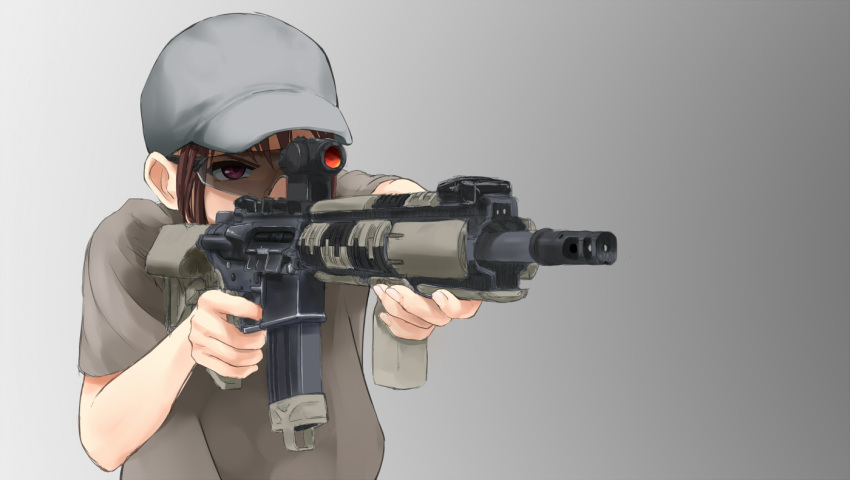 1girl, aiming, assault_rifle, brown_hair, foregrip, genso, goggles, gun