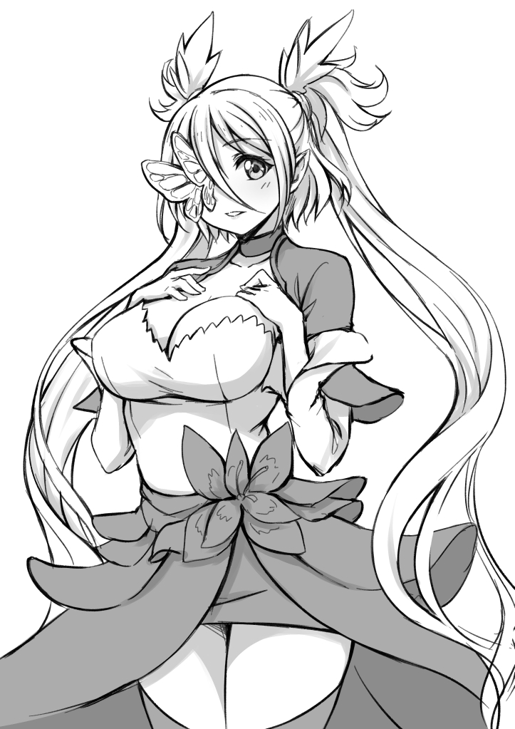 1girl, blush, breasts, butterfly, butterfly_eyepatch, character_request, choker, cleavage